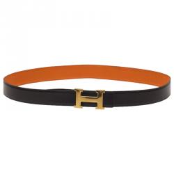 مملوكة مسبقًا حزام هيرمس كونستانس جلد برتقالي/أسود بوجهين 85سم