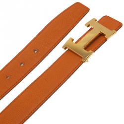 مملوكة مسبقًا حزام هيرمس كونستانس جلد برتقالي/أسود بوجهين 85سم