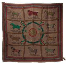 Pre Owned Hermes Brown Horse Print Square Silk Scarf