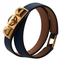 Pre Owned Hermes Rivale Double Tour Blue Leather Bracelet