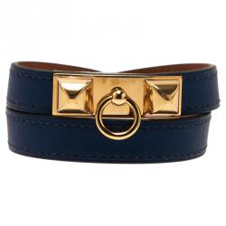 Pre Owned Hermes Rivale Double Tour Blue Leather Bracelet