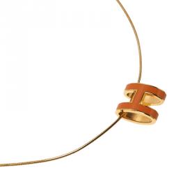 Pre Owned Hermes Pop H Soleil Dark Yellow Lacquered Gold Tone Pendant Necklace