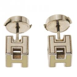 Pre Owned Hermes Cage d'H White Enamel Palladium Plated Earrings