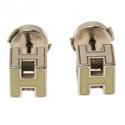 Pre Owned Hermes Cage d'H White Enamel Palladium Plated Earrings