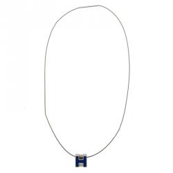 Pre Owned Hermes Cage d'H Blue Enamel Silver Tone Necklace