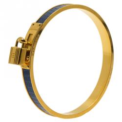 Pre Owned Hermes Kelly Blue Leather and Gold Plated Metal Bangle Bracelet