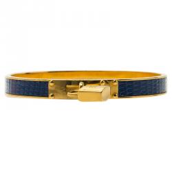 Pre Owned Hermes Kelly Blue Leather and Gold Plated Metal Bangle Bracelet