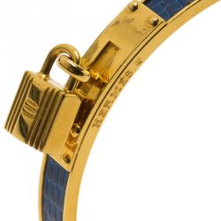 Pre Owned Hermes Kelly Blue Leather and Gold Plated Metal Bangle Bracelet