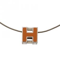 Pre Owned Hermes Cage d'H Orange Enamel Silver Tone Necklace