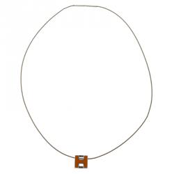 Pre Owned Hermes Cage d'H Orange Enamel Silver Tone Necklace
