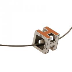 Pre Owned Hermes Cage d'H Orange Enamel Silver Tone Necklace