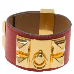 Pre Owned Hermès Collier de Chien Red Calfskin Leather Gold Plated Cuff Bracelet