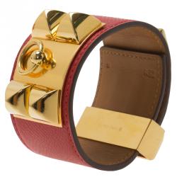 Pre Owned Hermès Collier de Chien Red Calfskin Leather Gold Plated Cuff Bracelet