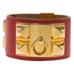 Pre Owned Hermès Collier de Chien Red Calfskin Leather Gold Plated Cuff Bracelet