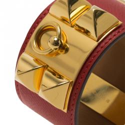 Pre Owned Hermès Collier de Chien Red Calfskin Leather Gold Plated Cuff Bracelet