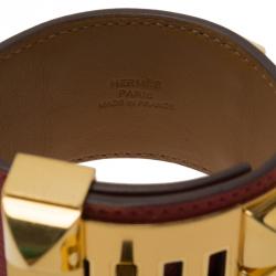 Pre Owned Hermès Collier de Chien Red Calfskin Leather Gold Plated Cuff Bracelet