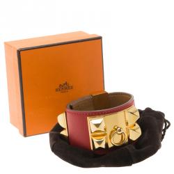 Pre Owned Hermès Collier de Chien Red Calfskin Leather Gold Plated Cuff Bracelet