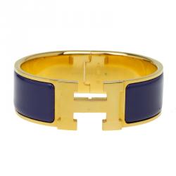 Pre Owned Hermes Clic Clac H Wide Purple Enamel Gold-Plated Bracelet