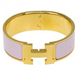 Pre Owned Hermes Clic Clac H Wide Pink Enamel Gold-Plated Bracelet