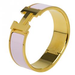 Pre Owned Hermes Clic Clac H Wide Pink Enamel Gold-Plated Bracelet