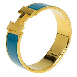 Pre Owned Hermes Clic Clac H Wide Duck Blue Enamel Gold-Plated Bracelet PM