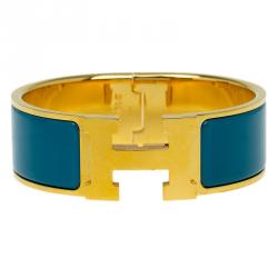 Pre Owned Hermes Clic Clac H Wide Duck Blue Enamel Gold-Plated Bracelet PM