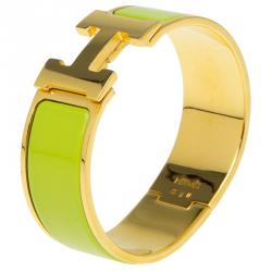 Pre Owned Hermes Clic Clac H Wide Green Enamel Gold Plated Bracelet