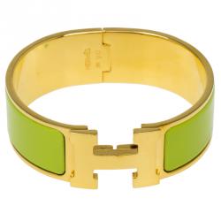 Pre Owned Hermes Clic Clac H Wide Green Enamel Gold Plated Bracelet