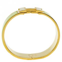 Pre Owned Hermes Clic Clac H Wide Green Enamel Gold Plated Bracelet