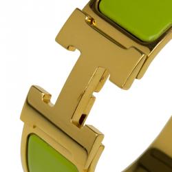Pre Owned Hermes Clic Clac H Wide Green Enamel Gold Plated Bracelet