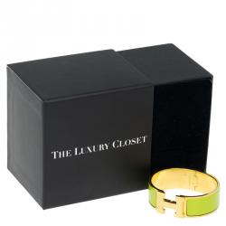 Pre Owned Hermes Clic Clac H Wide Green Enamel Gold Plated Bracelet