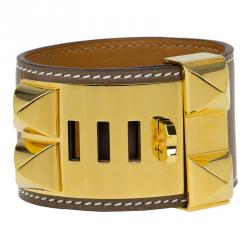 Pre Owned Hermès Collier de Chien Calfskin Leather Gold Plated Bracelet