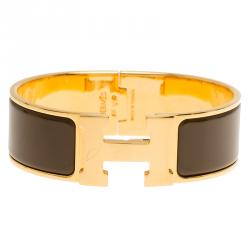 Pre Owned Hermes Clic Clac H Wide Brown Enamel Gold Plated Bracelet