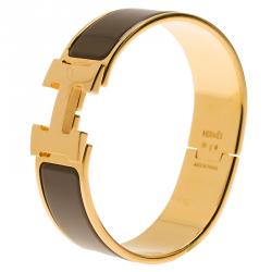 Pre Owned Hermes Clic Clac H Wide Brown Enamel Gold Plated Bracelet