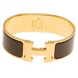 Pre Owned Hermes Clic Clac H Wide Brown Enamel Gold Plated Bracelet