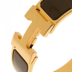 Pre Owned Hermes Clic Clac H Wide Brown Enamel Gold Plated Bracelet