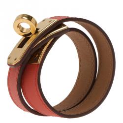 Pre Owned Hermes Kelly Double Tour Gold Plated Capucine Leather Bracelet