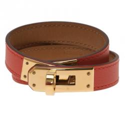 Pre Owned Hermes Kelly Double Tour Gold Plated Capucine Leather Bracelet