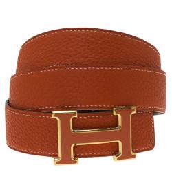 Pre Owned Hermes Orange and Black Leather Constance Reversible Belt Size 95 CM