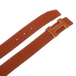 Pre Owned Hermes Orange and Black Leather Constance Reversible Belt Size 95 CM