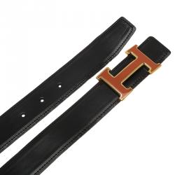 Pre Owned Hermes Orange and Black Leather Constance Reversible Belt Size 95 CM