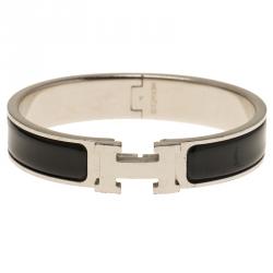Pre Owned Hermes Clic Clac H Black Enamel Palladium Plated Bracelet