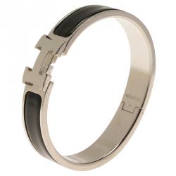 Pre Owned Hermes Clic Clac H Black Enamel Palladium Plated Bracelet