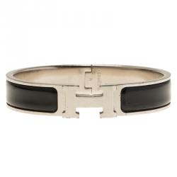Pre Owned Hermes Clic Clac H Black Enamel Palladium Plated Bracelet