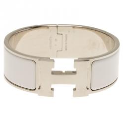 مملوكة مسبقًا Hermes Clic Clac H Wide White Enamel Palladium Plated Bracelet