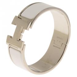 مملوكة مسبقًا Hermes Clic Clac H Wide White Enamel Palladium Plated Bracelet