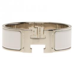 مملوكة مسبقًا Hermes Clic Clac H Wide White Enamel Palladium Plated Bracelet
