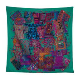 Pre Owned Hermes Green Voyage En Etoffes Silk Square Scarf