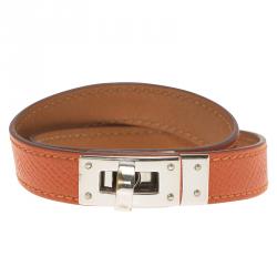 Pre Owned Hermes Kelly Double Tour Orange Palladium Plated Leather Bracelet