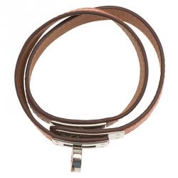 Pre Owned Hermes Kelly Double Tour Orange Palladium Plated Leather Bracelet